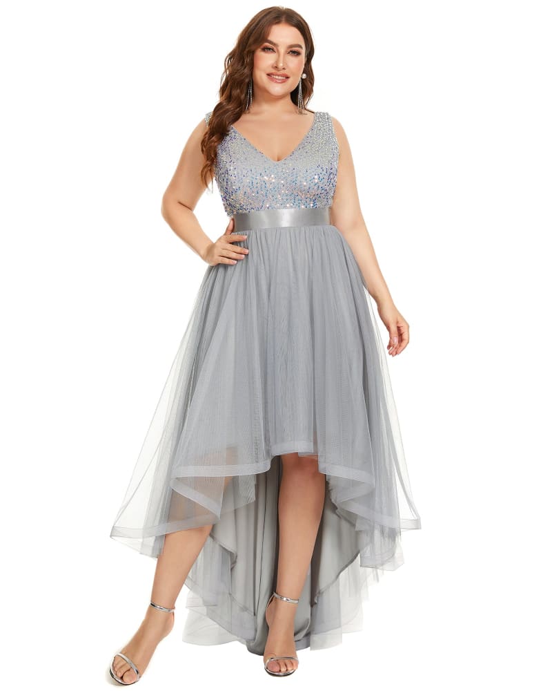 Front of a model wearing a size 24 Sleeveless Sequin Ribbon Waist Tulle High Low Evening Dress in Silver by Ever-Pretty. | dia_product_style_image_id:324570